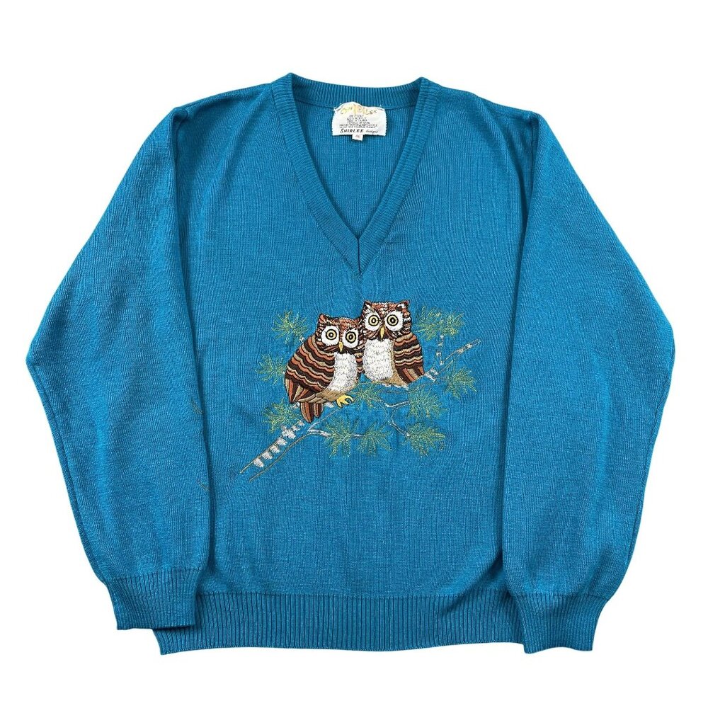 VTG 70s Cyn Les Owls Sweater Womens Large Whos Whoooo VNeck‎
